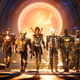 Superheroes walk in front of a sun in Marvel's Midnight Suns.